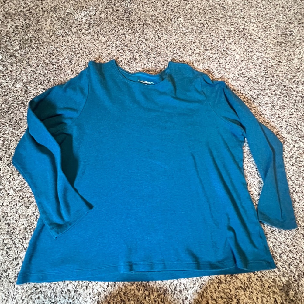 Croft & Barrow Womens 1X Teal Blue 100% Cotton Long Sleeve Crew Neck T-Shirt Tee